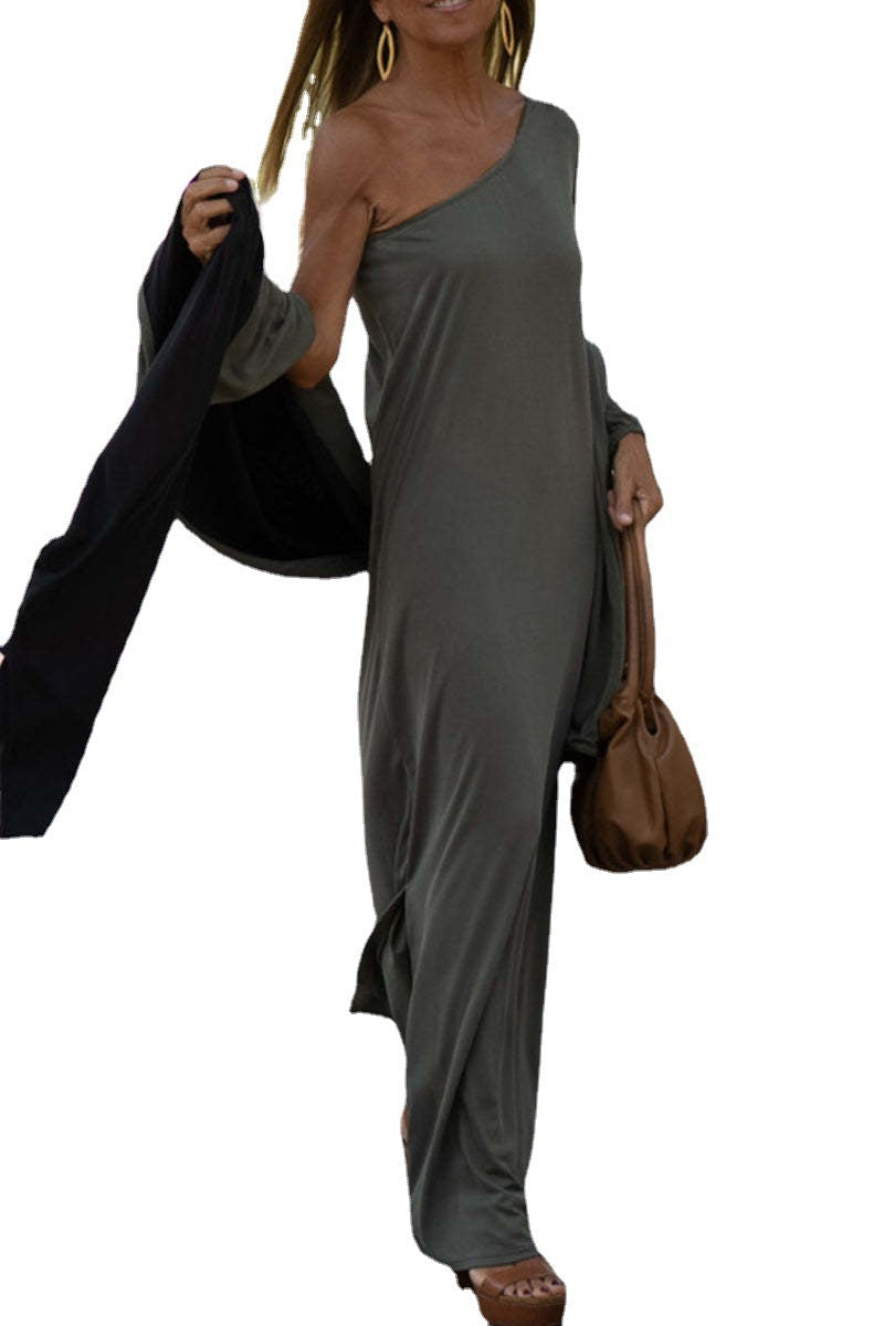Women Casual Solid Color Loose One Sleeve Maxi Dress