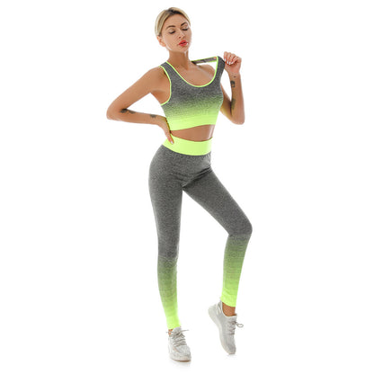 Women Fashion Casual Stretch Gradient Sports Bra High Waist Yoga Pants Two-Piece Set