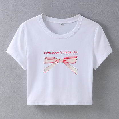 Camiseta corta de manga corta con cuello redondo y estampado de lazo informal de verano para mujer