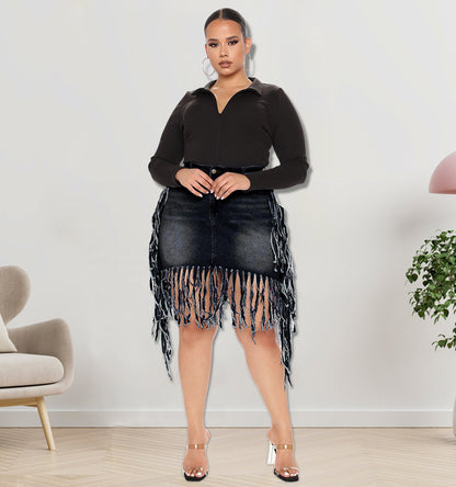 Plus Size Women Casual Solid Color Tassel Denim Skirt