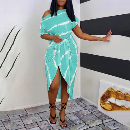 Women Slanted Shoulder Printed Short Sleeve Neck Waist Irregular Casual Dress