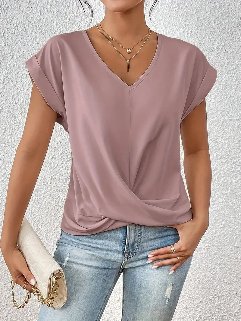 Camiseta informal de verano para mujer, color liso, cuello en V, manga corta, sin mangas
