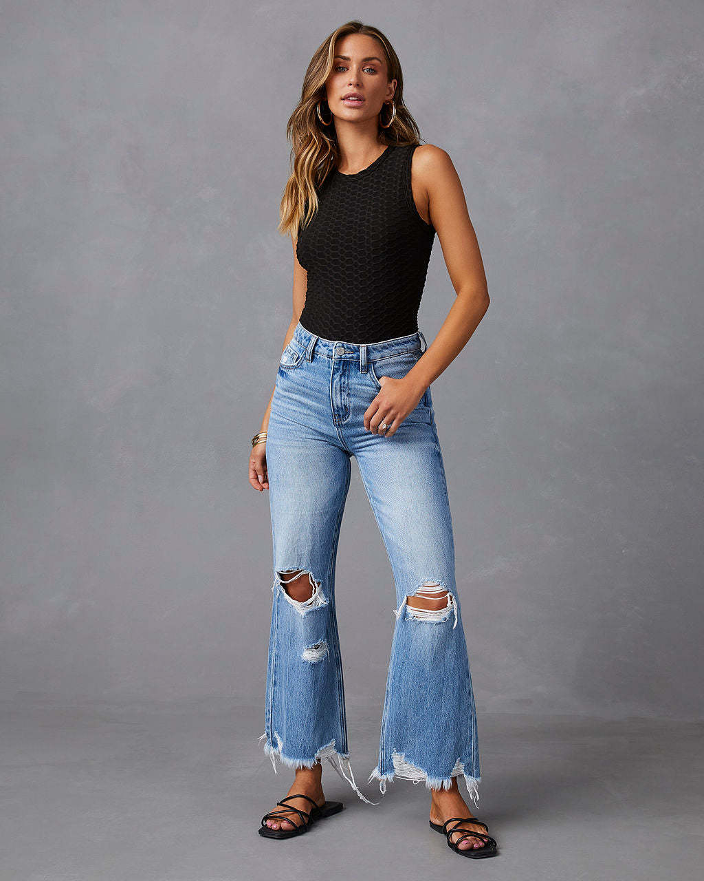 Women Casual Ripped High-Waist Straight Raw Hem Jeans