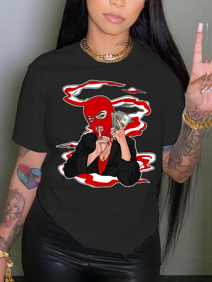 Camiseta informal holgada de talla grande para mujer, cuello redondo, manga corta, capucha, estampado gráfico "Toma dinero" para hombre