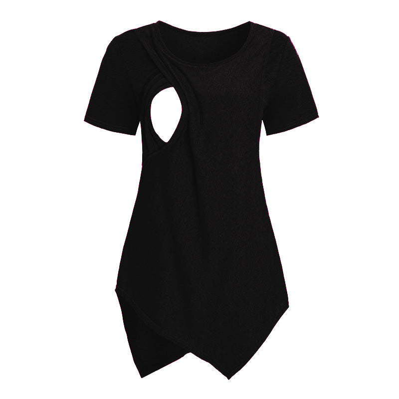 Camiseta de lactancia materna informal de manga corta con cuello redondo irregular para embarazadas