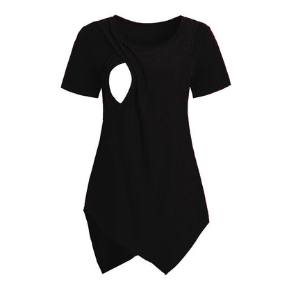 Camiseta de lactancia materna informal de manga corta con cuello redondo irregular para embarazadas