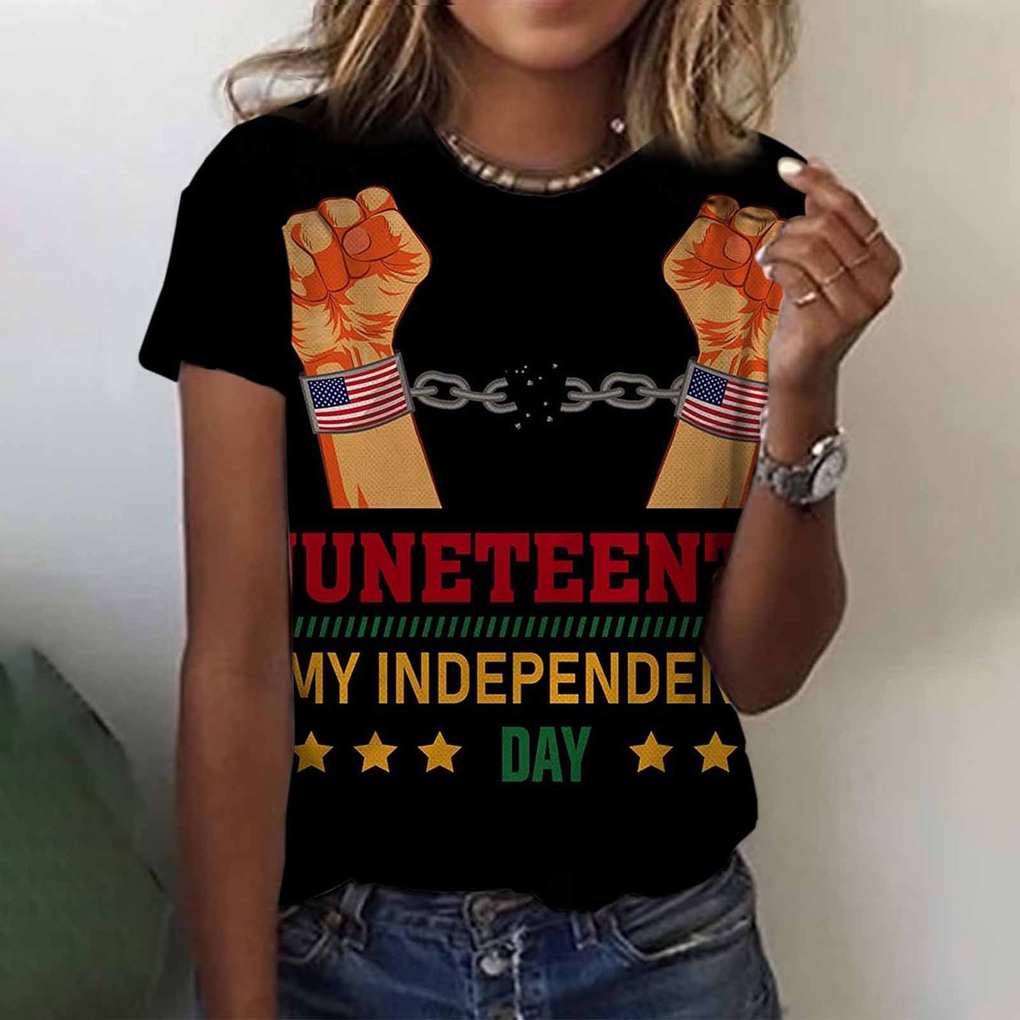 Camiseta informal de manga corta con cuello redondo para mujer, con estampado digital 3D del Día de la Liberación Negra de Juneteenth