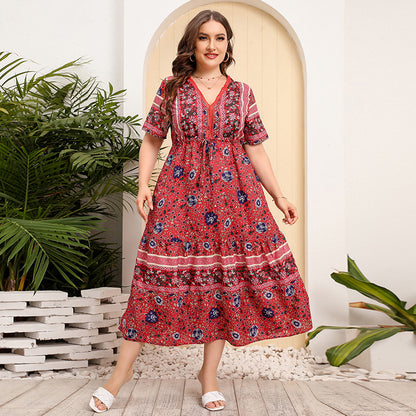 Vestido largo informal floral de manga corta con cuello en V estilo bohemio de talla grande para mujer