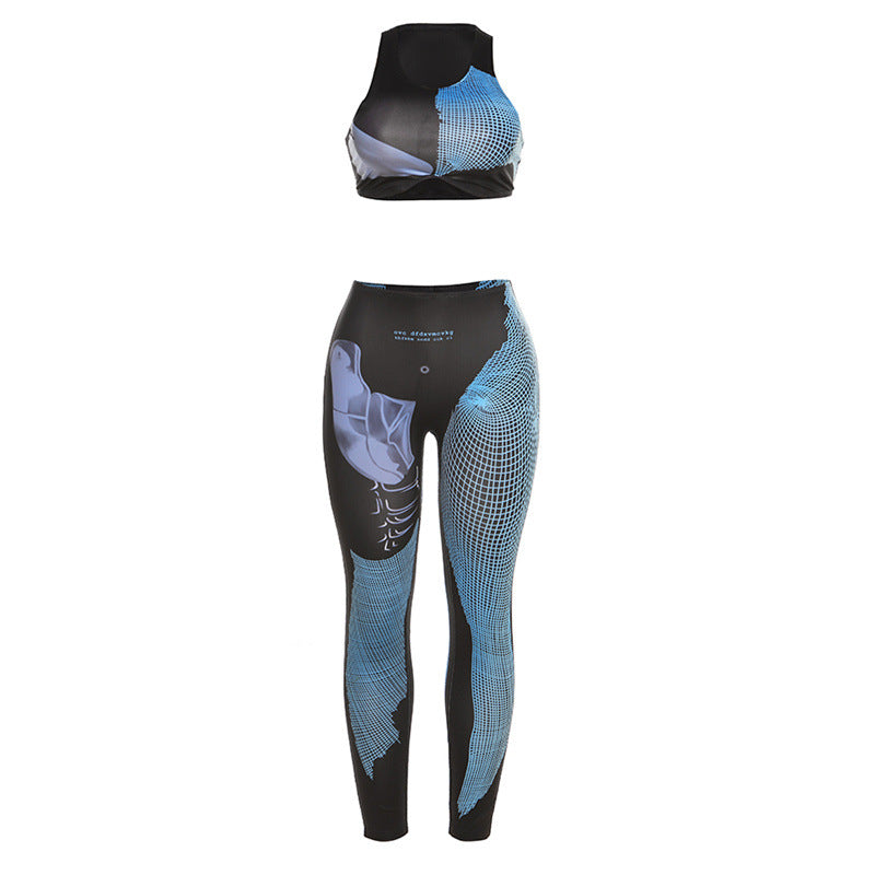 Fashion Women Sexy Sleeveless Graphic Printing Cropped Top Slim Fit Casual Pants Set