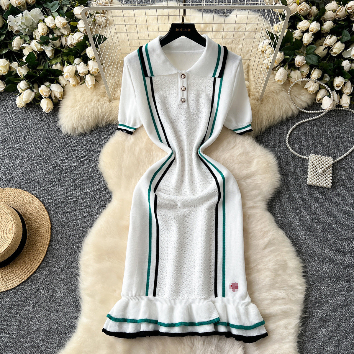 Women Fashion Casual Contrast Color Lapel Short-Sleeve Ruffled Knitted Dress