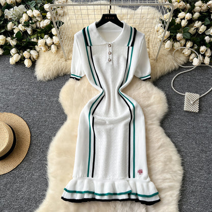 Women Fashion Casual Contrast Color Lapel Short-Sleeve Ruffled Knitted Dress
