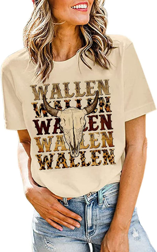 Camiseta informal de verano para mujer con estampado de cabeza de buey occidental, cuello redondo y manga corta