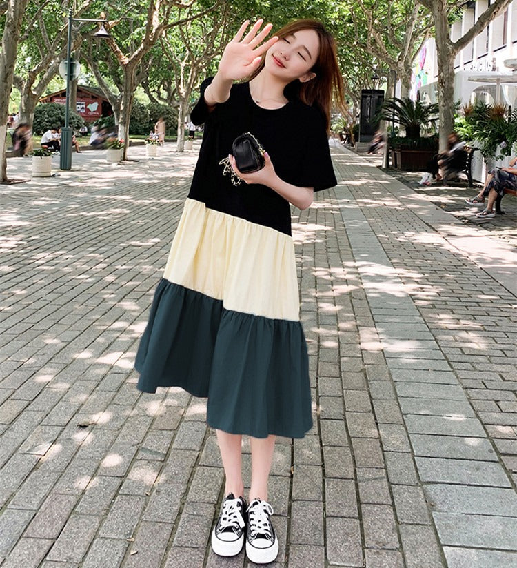Women'S Fashion Casual Color Blocking Stitching Short Sleeve Loose Dress