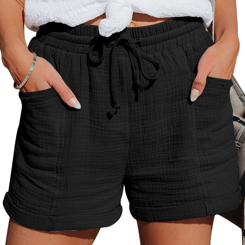Women Fashion Casual Solid Color High Waist Lace-Up Wide-Leg Shorts