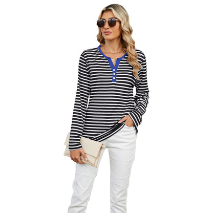 Camiseta informal de verano para mujer con cuello en V y estampado de rayas de manga larga