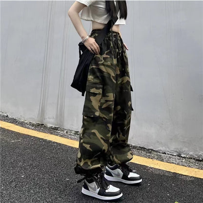 Women Casual Camouflage Printed Workwear Wide-Leg Cargo Pants