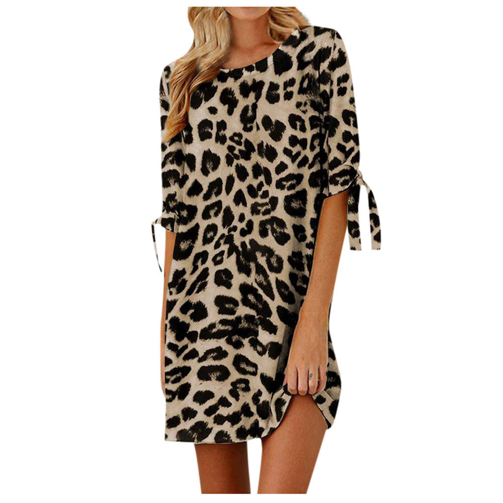 Women Fashion Casual Leopard Printed Round Neck Dress