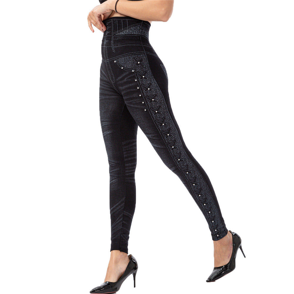 Women High Waist Slim Stud Casual Pants
