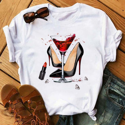 Camiseta holgada informal de manga corta con estampado gráfico de vino para mujer