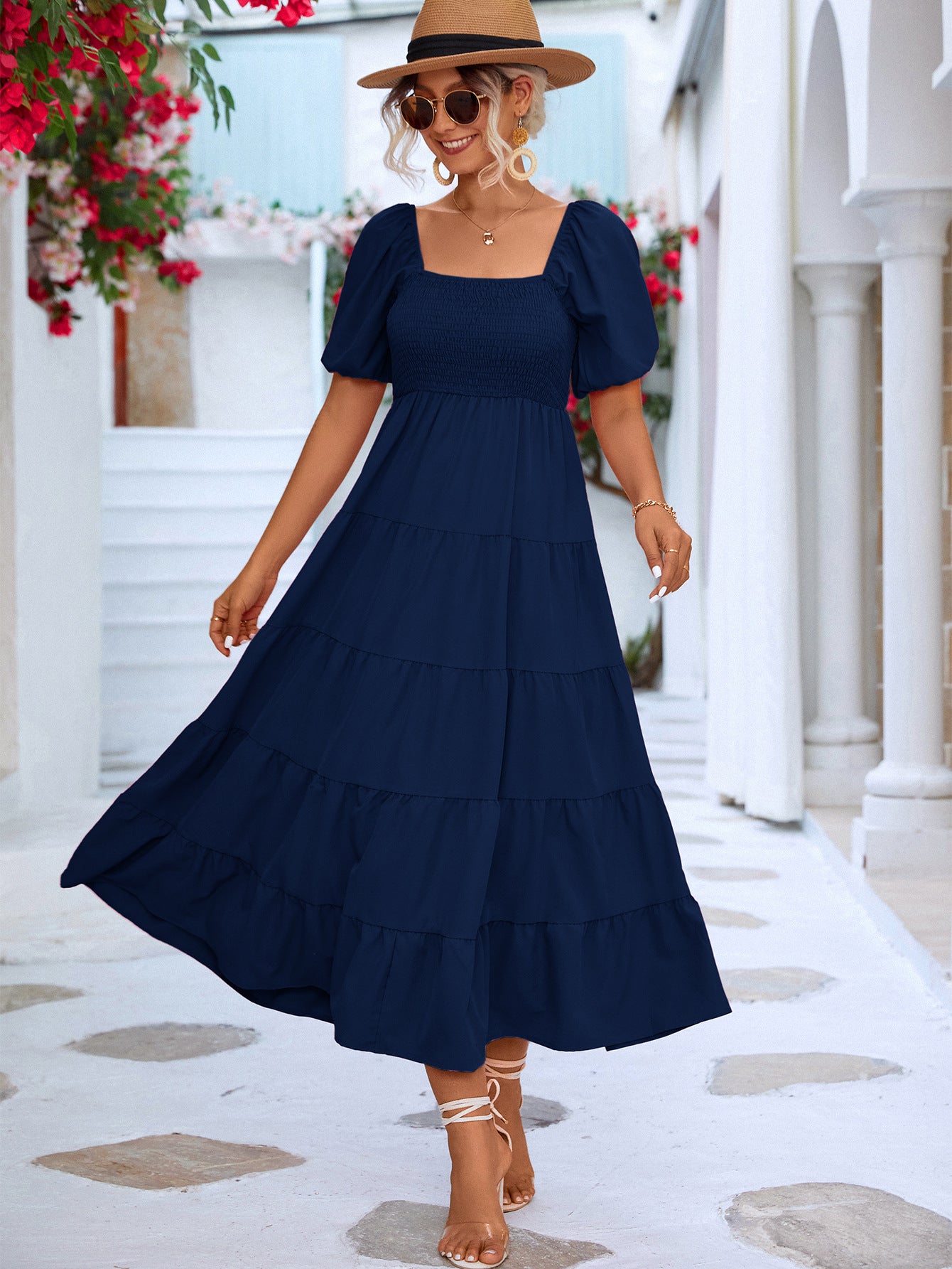Vestido largo informal de verano para mujer, estilo bohemio, color liso, con hombros descubiertos y volantes