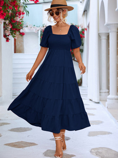 Vestido largo informal de verano para mujer, estilo bohemio, color liso, con hombros descubiertos y volantes