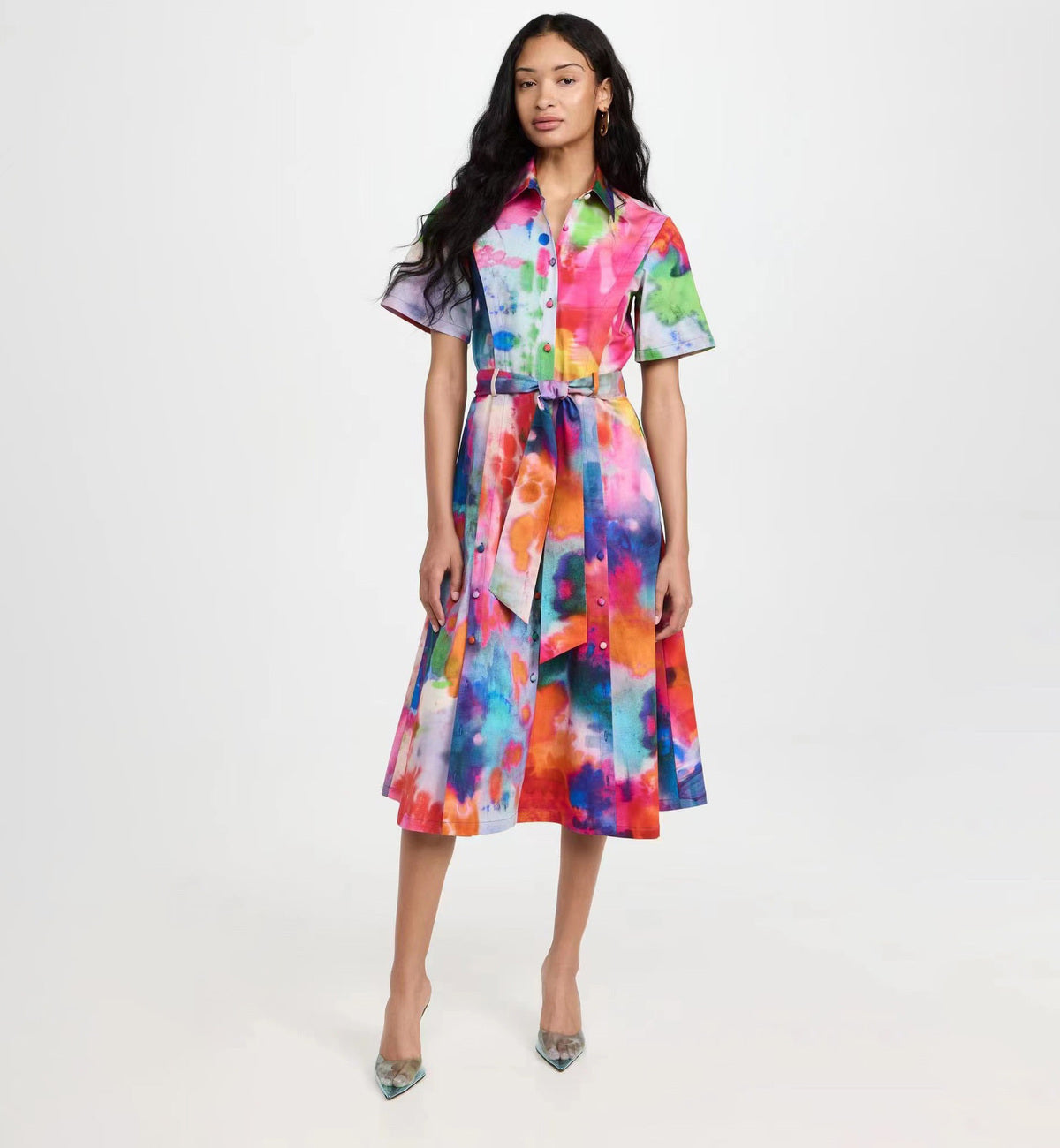 Women Fashion Casual Printed Lapel Short Sleeve Single-Breasted Belt Dress