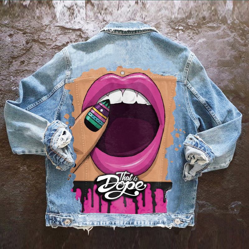 Chaqueta vaquera informal de manga larga con estampado gráfico y botonadura sencilla para mujer