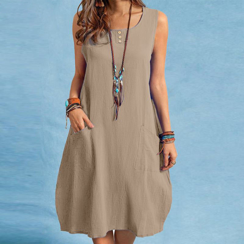 Spring And Summer Women Cotton Loose Casual Solid Color Sleeveless Dress