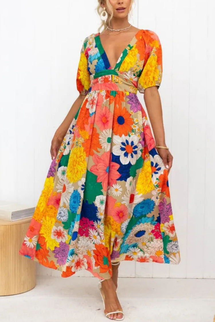 Women Casual Fashion Printed V-Neck Puff Sleeve Vacation Maxi Dress