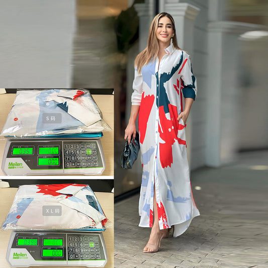 Women Casual Print Loose Shirt Maxi Dress