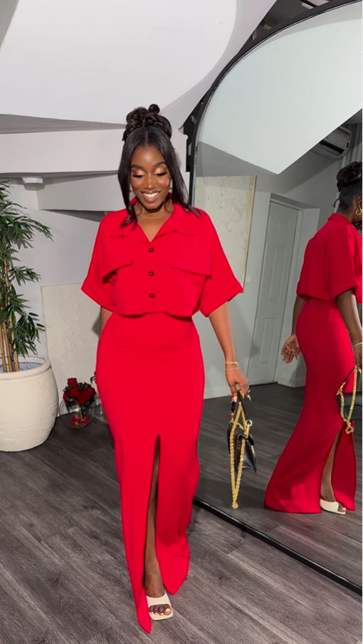 Conjunto de dos piezas formado por camisa y falda con abertura y manga corta, informal, de verano, para mujer