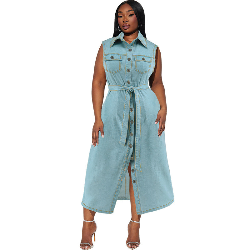 Women Fashion Casual Lapel Sleeveless Lace-Up Denim Dress