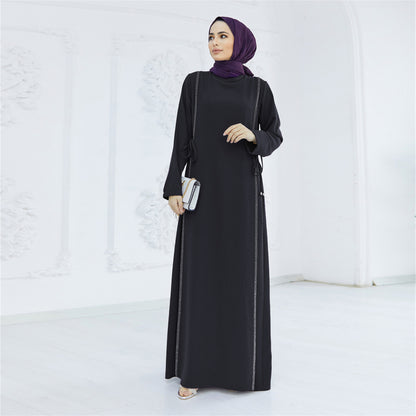 Women Casual Solid Color Rhinestone Abaya Long Sleeve Maxi Dress