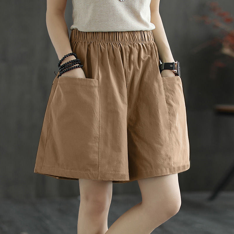 Women Fashion Casual Solid Color Elastic-Waist Wide Leg Shorts