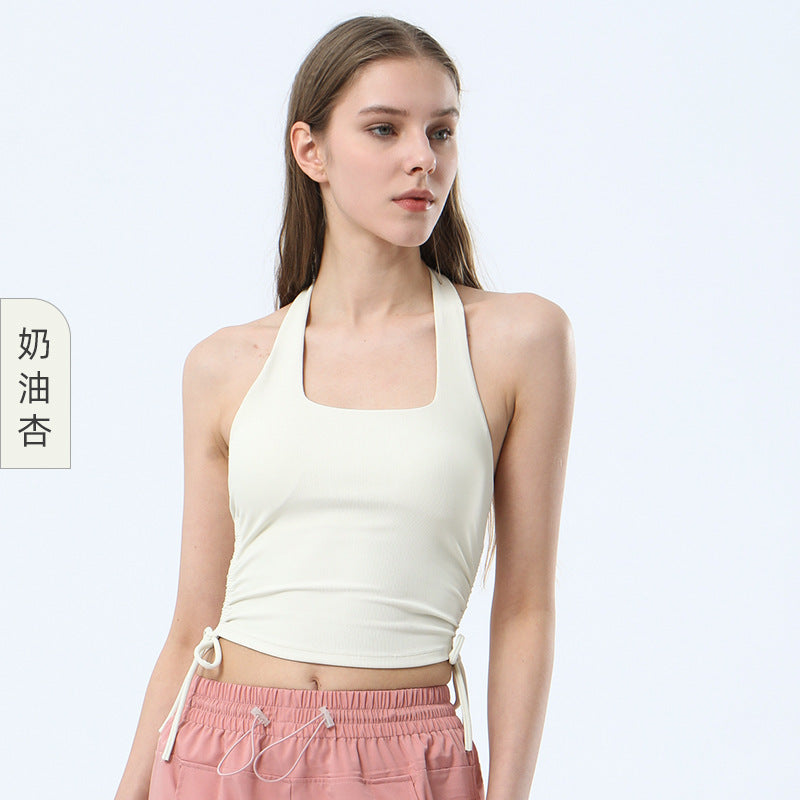 Women Casual Tight Solid Color Halter Neck Sleeveless Backless Drawstring Sports Tank Top