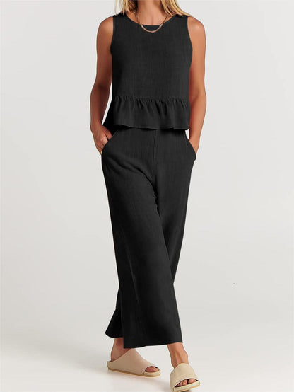 Conjunto informal de verano para mujer, blusa sin mangas con volantes y pantalones de pierna ancha