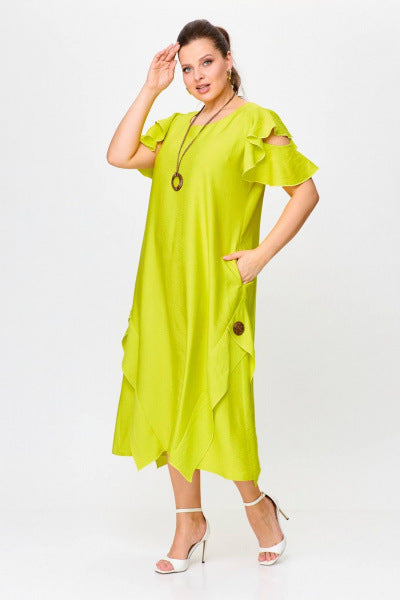 Summer Women Casual Solid Color Plus Size Ruffled Short Sleeve Dress