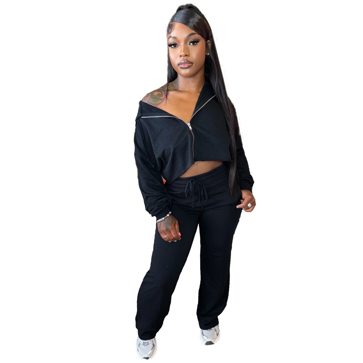 Women Fashion Casual Solid Color Long Sleeve Zipper Hoodies Drawstring Pants Two-Piece Set