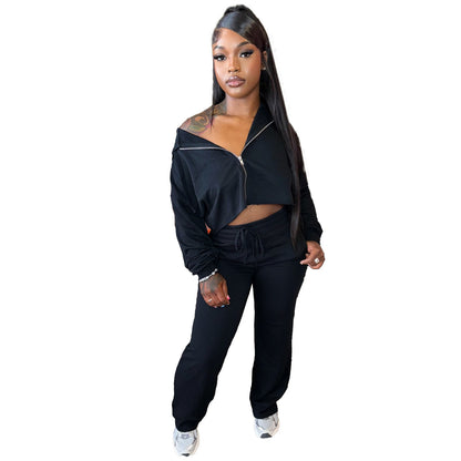 Women Fashion Casual Solid Color Long Sleeve Zipper Hoodies Drawstring Pants Two-Piece Set