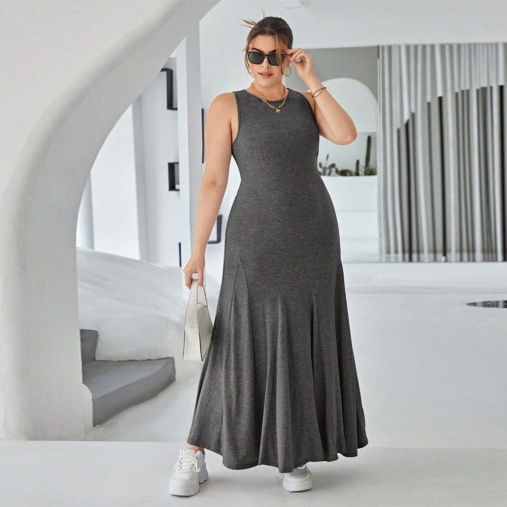 Vestido informal ajustado de cintura alta sin mangas con cuello redondo y talla grande para mujer