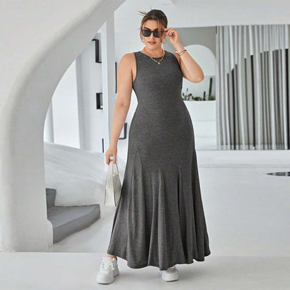 Vestido informal ajustado de cintura alta sin mangas con cuello redondo y talla grande para mujer