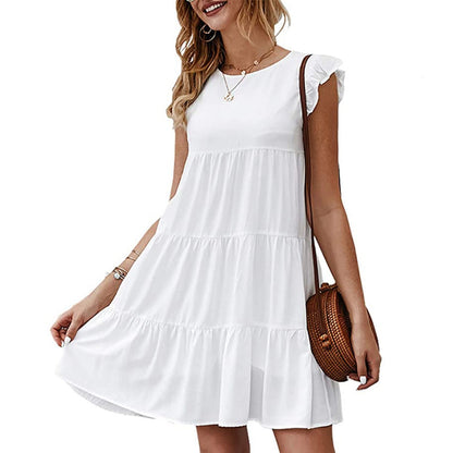 Women Summer Casual Solid Color Round Neck Casual Pleated Large Swing Dress