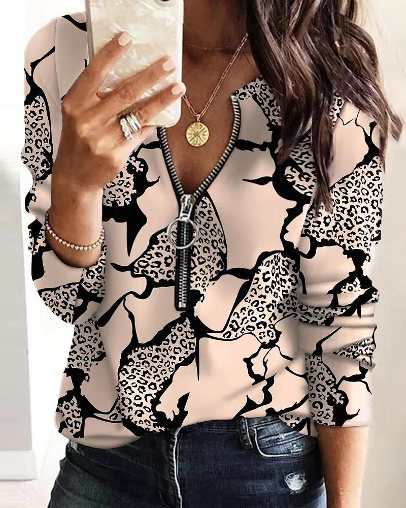 Blusa informal de manga larga con cremallera y estampado de letras para mujer
