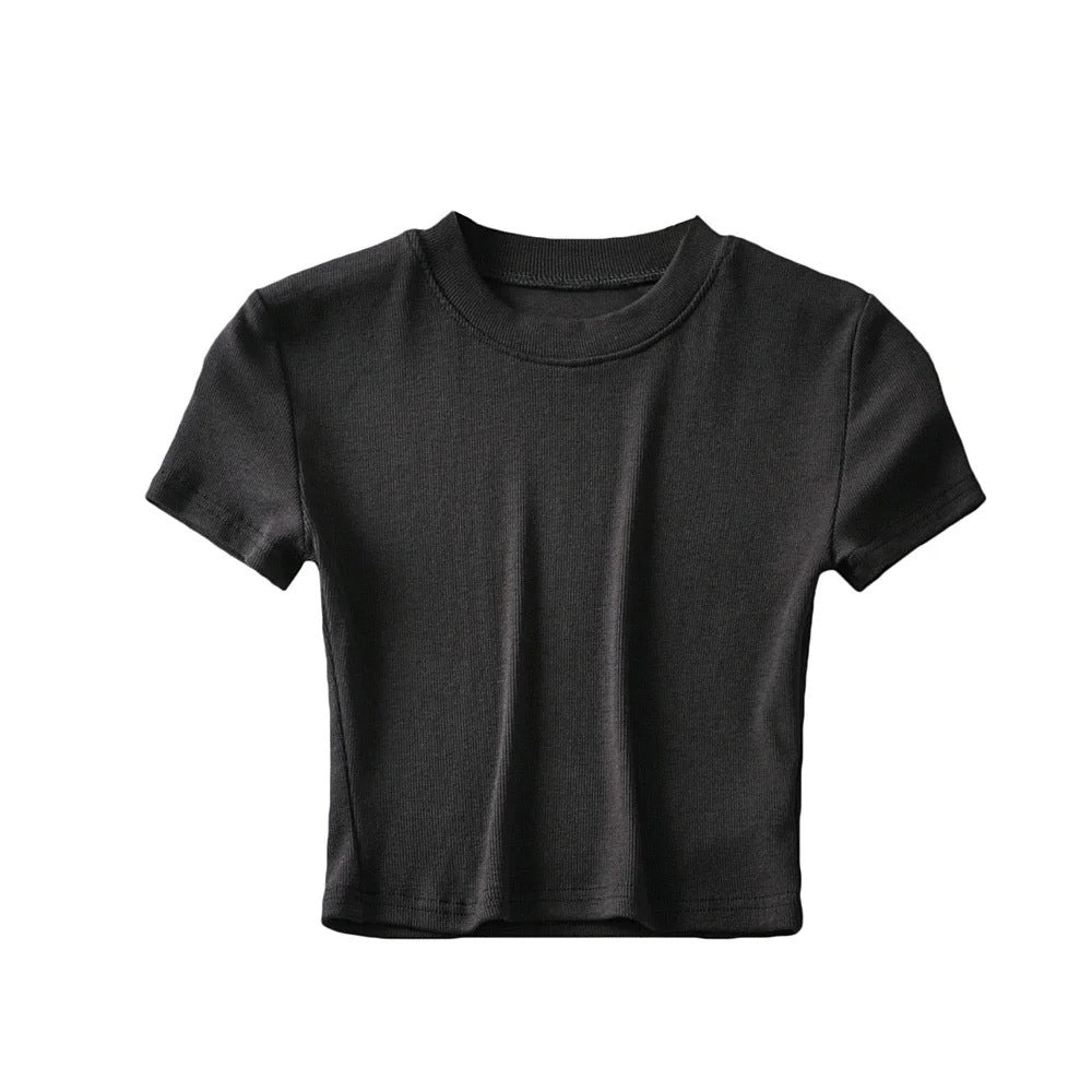 Camiseta informal de verano para mujer, color liso, cuello redondo, manga corta, sin mangas