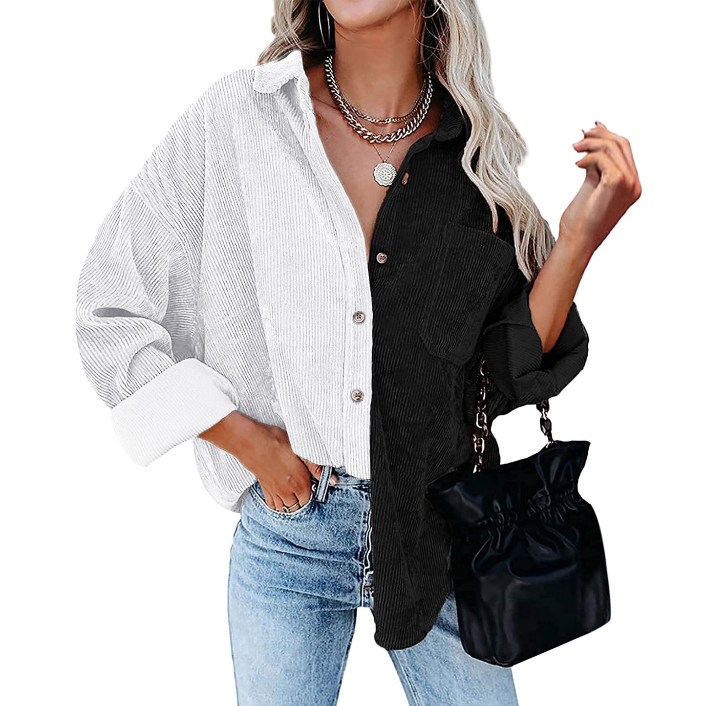 Blusa informal de manga larga con solapa y botones para mujer, con diseño de patchwork y bloqueo de color