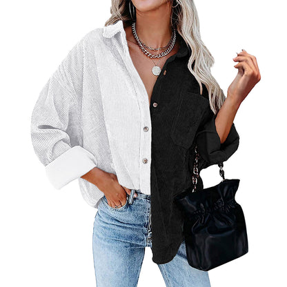 Blusa informal de manga larga con solapa y botones para mujer, con diseño de patchwork y bloqueo de color
