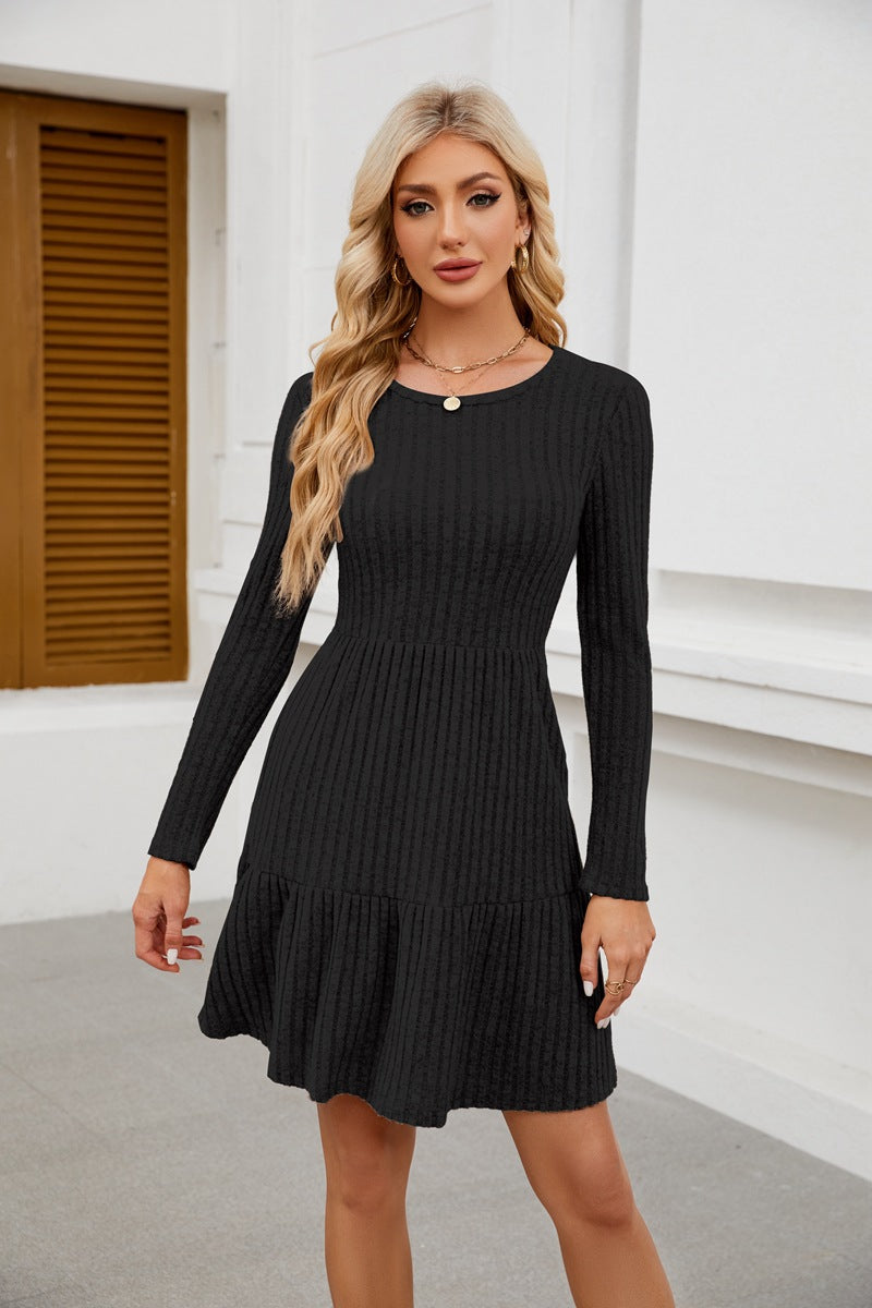 Women Crewneck Pocket Casual Knee Length Long Sleeve Knitted Dress