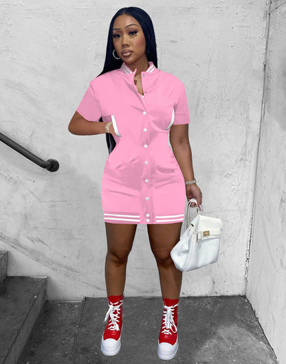 Women Fashion Casual Short-Sleeved Button Baseball Dress