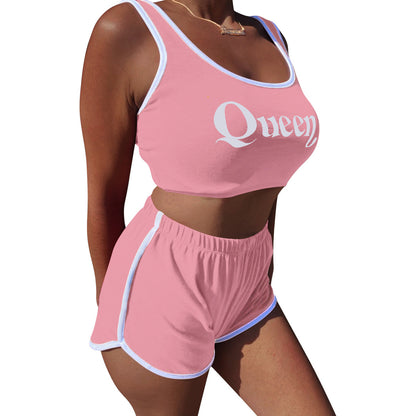 Women Casual Solid Color Letter Printed Tank Top Tight Shorts Sports Two-Piece Set