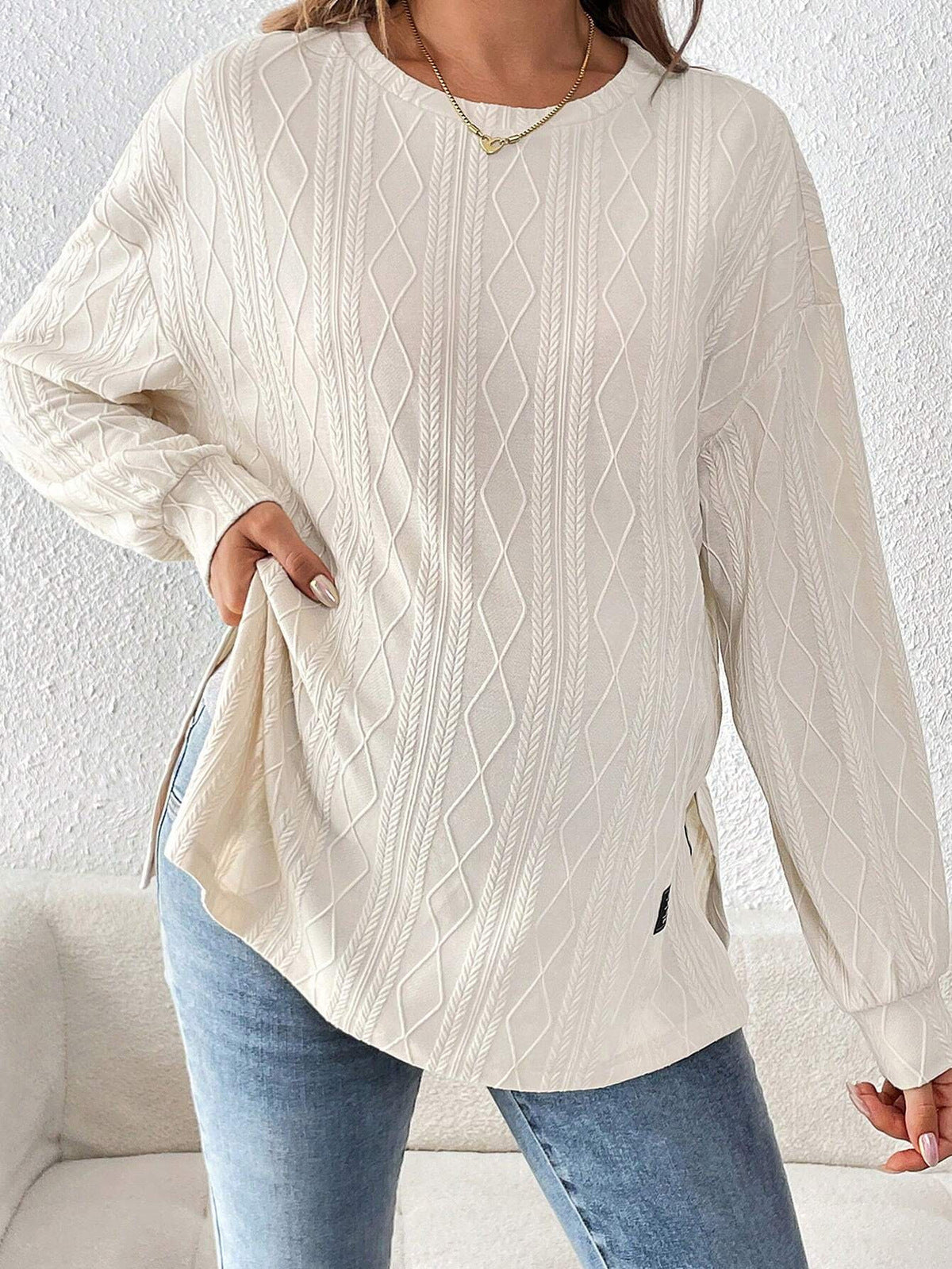 Pregnant Women Fashion Casual Solid Color Textured Crewneck Long Sleeve Split Top
